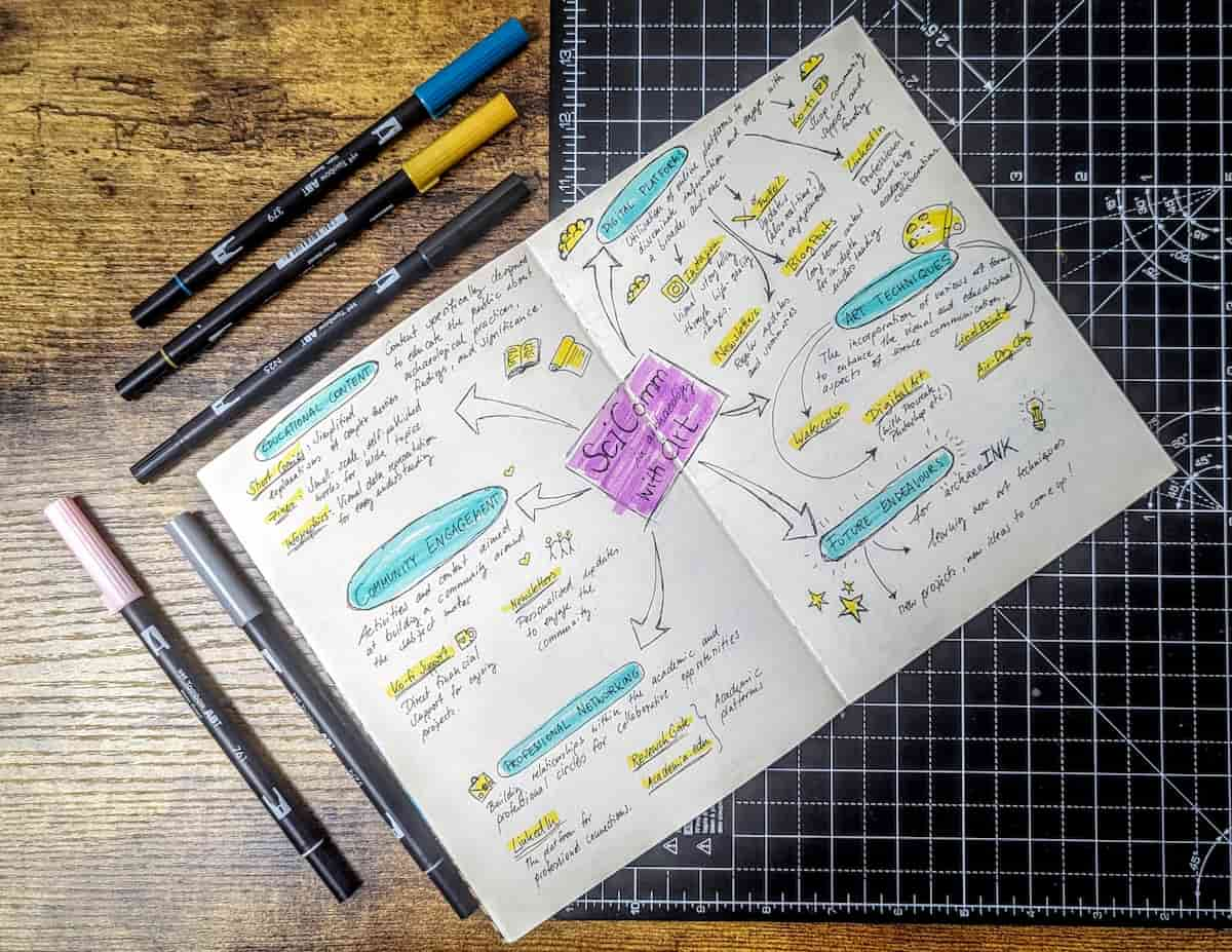 Open notebook showing a diagram of how science communication and art can be used in archaeology by Jona Schlegel