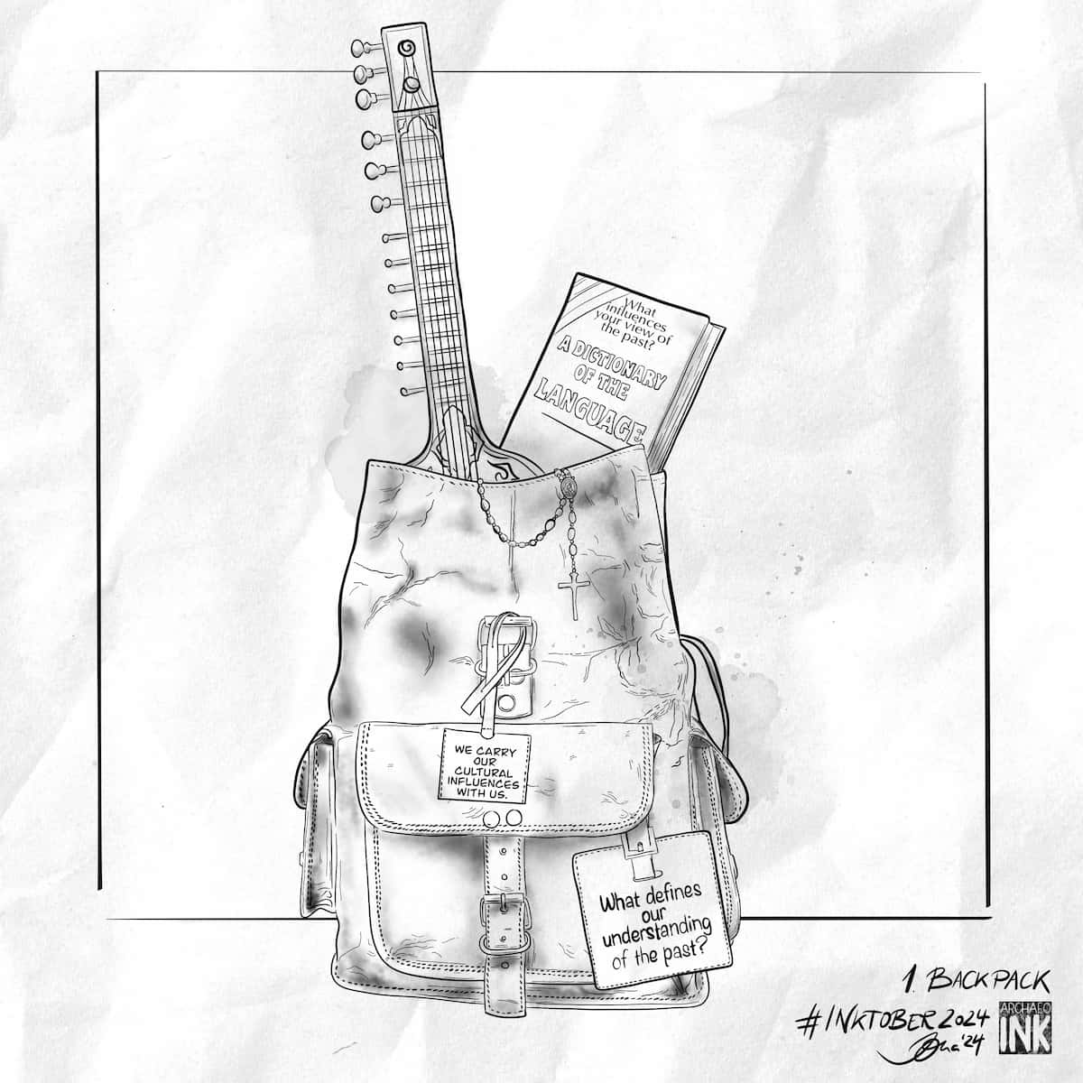 Figure 1: Backpack. A backpack with a sitar, language dictionary, and Catholic cross peeking out, symbolising the cultural baggage we all carry  by Jona Schlegel.