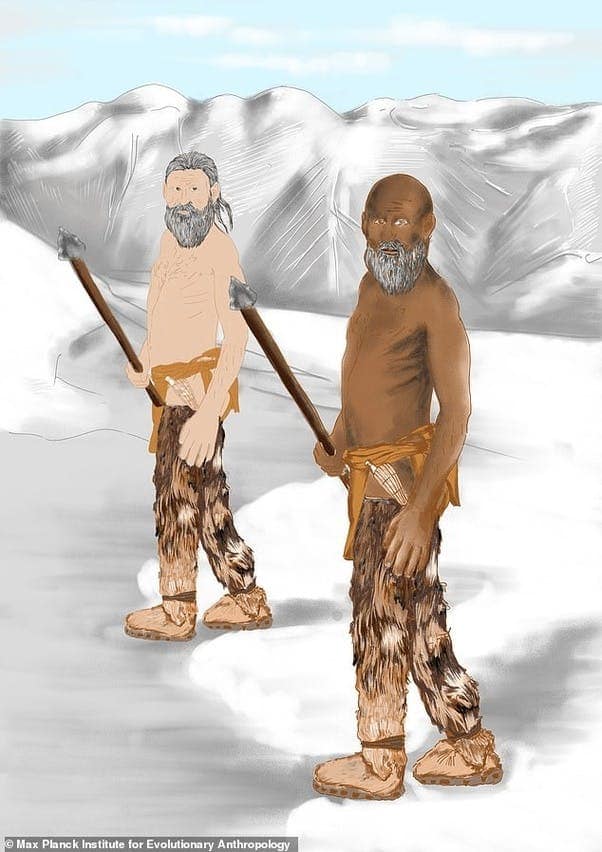 Figure 1: Revelation of Ötzis Appearance. An artists impression of Ötzi the Iceman, comparing two versions: the older theory with light skin, light eyes, and a full head of hair, and the updated depiction showing dark skin, dark eyes, and a balding head. Snowy mountains are visible in the background