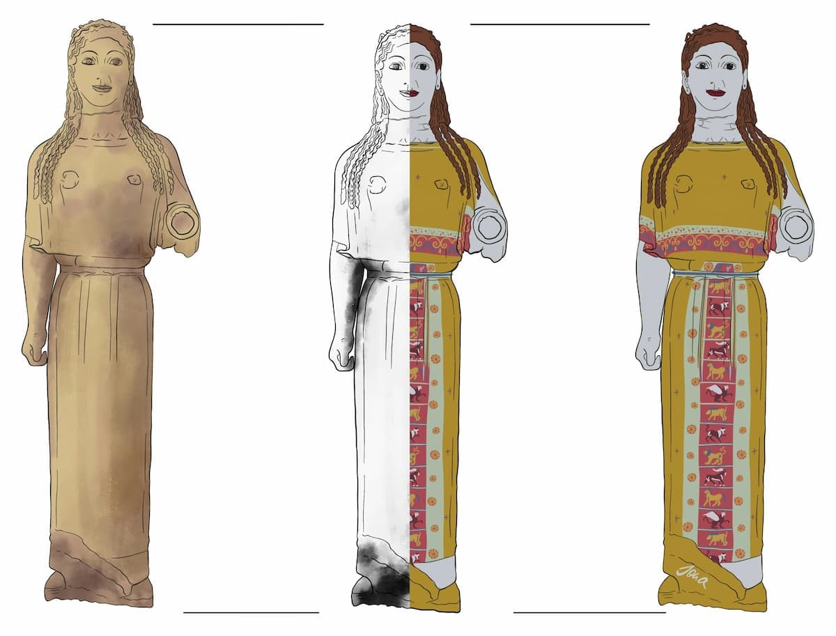 Figure 1: Illustration of a Kore statue in its currently displayed version, white line drawing and colourised interpretation by Jona Schlegel