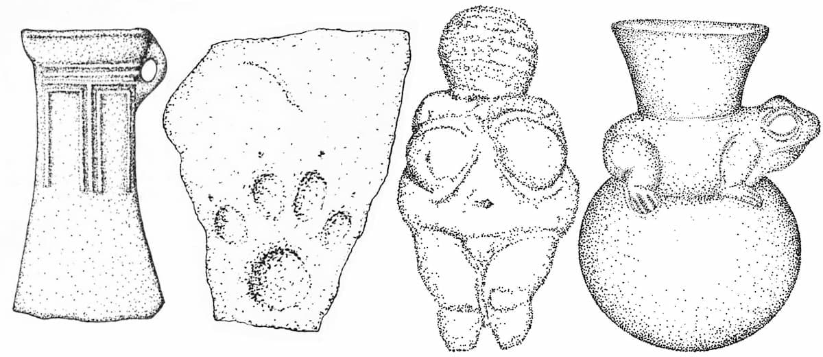 Figure 2: From left to right: Bronze axe head; Roman tile with dog print; digitally stippled Venus of Willendorf; digitally stippled frog vessel. Illustrations by Jona Schlegel.